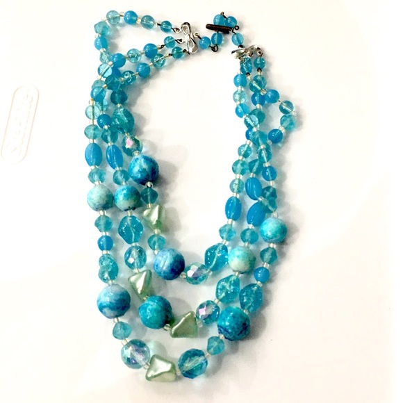 Aqua Mixed Bead Triple Strand Mad Men Necklace - Picture 2 of 2